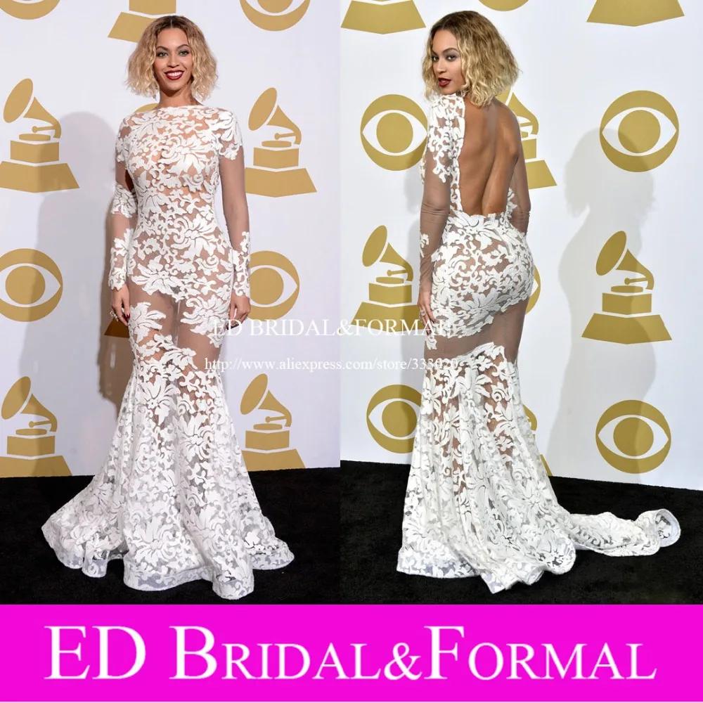 Beyonce font b Dress b font at Grammy Awards Red Carpet Long Sleeve Lace Nude Open