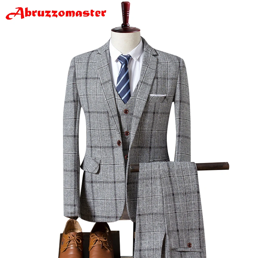 Plaid Suit Plaid Suit Jacket as Groom Tuxedos Check Groomsman Suit Custom Made Man Suit Tweed Man Clothes (Jacket+pants+vest)