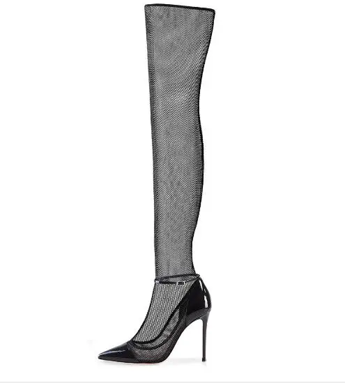 

Sexy lady summer black solid fishing net pointed toe fashion cool boots Ladies thin high heel shoes Party rome shoes SIZE 34-44