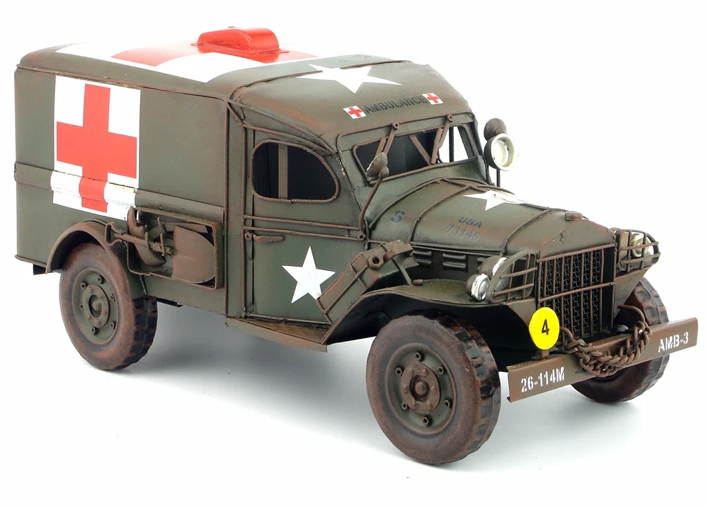 Antique classical car model DODGE USA ARMY TRUCK tinplate car handmade rescue truck red crossin