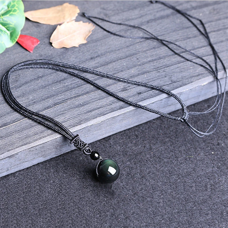 Qevila Natural Stone Pendant Necklaces for Women Men Black Obsidian Rainbow Eye Beads Ball Transfer Good Lucky Love Energy Stone (8)