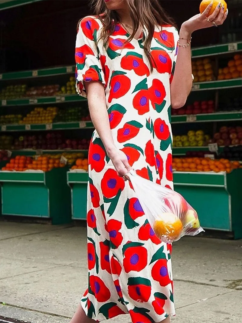 

Women Flower Print Loose Long Dress 2019 New Summer Short Sleeve V Neck Sweet Midi Dress