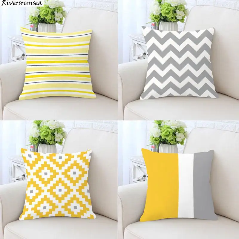 

Nordic Style Decoration Yellow Gray Geometric Cushion Simple Color Striped Triangle Wave Geometry Pillow For Modern Home Decor