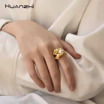 

HUANZHI Imitation Pearls Personality Fold Geometric Gold Color Metal Irregular Finger Rings for Women Girls Party Jewelry Gifts