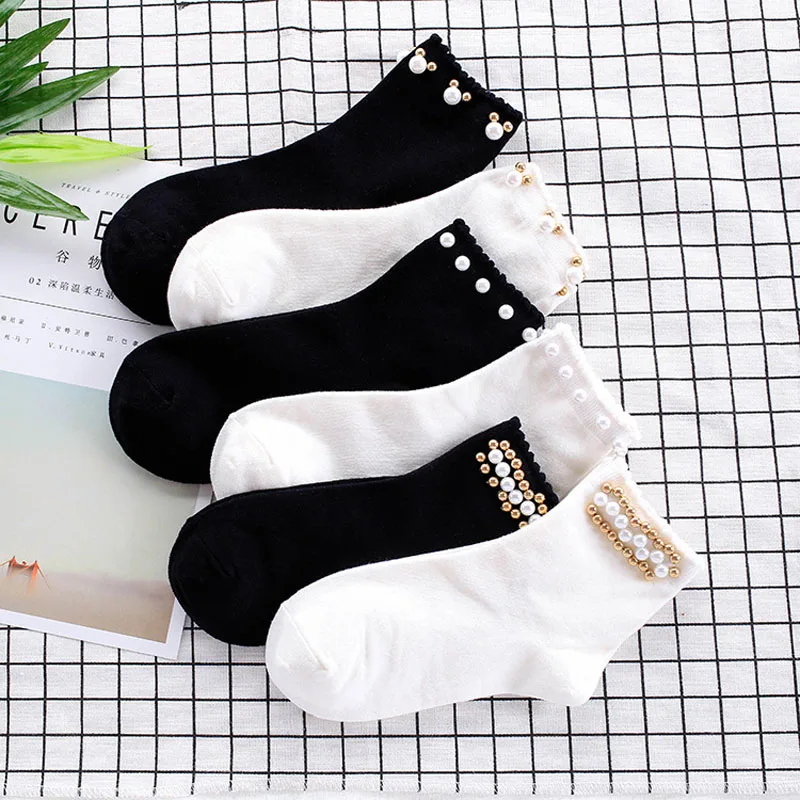 Black/White Korean Reto Pearl Socks Women Elastic Cotton Handmade Meias Creative Socks Harajuku Calcetines Mujer knee socks