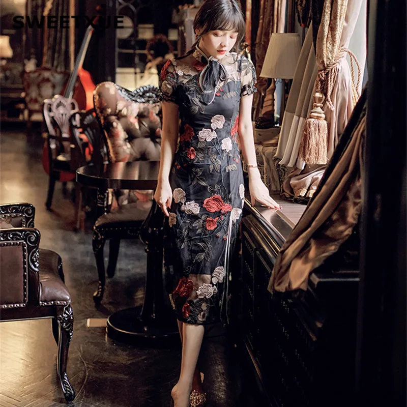 

SWEETXUE Chinese Style Vintage Dress Elegant Rose Embroidered Lace Mesh Stitching Sexy Split Slim Bowtie Dress 2019 Summer Women
