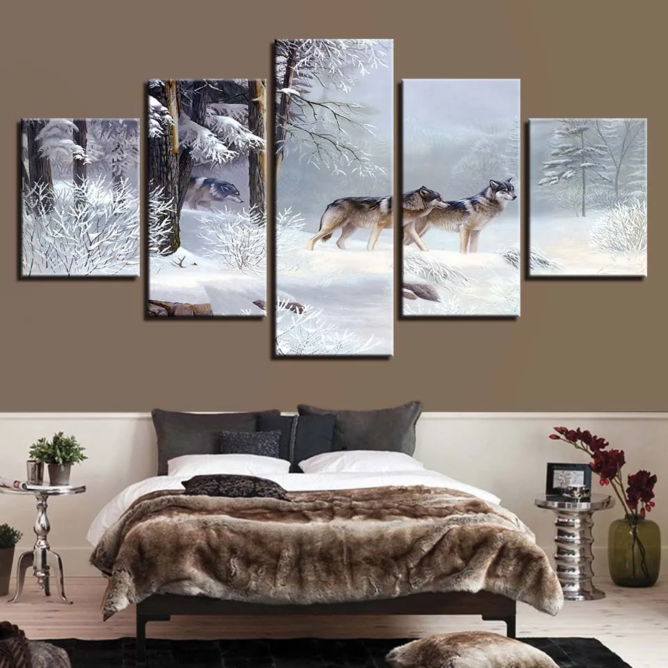 

HD Canvas Artwork Painting Prints Home Decor 5 Pieces Wall Art Wolfs Modular Pictures For Living Room Bedroom Creative Poster
