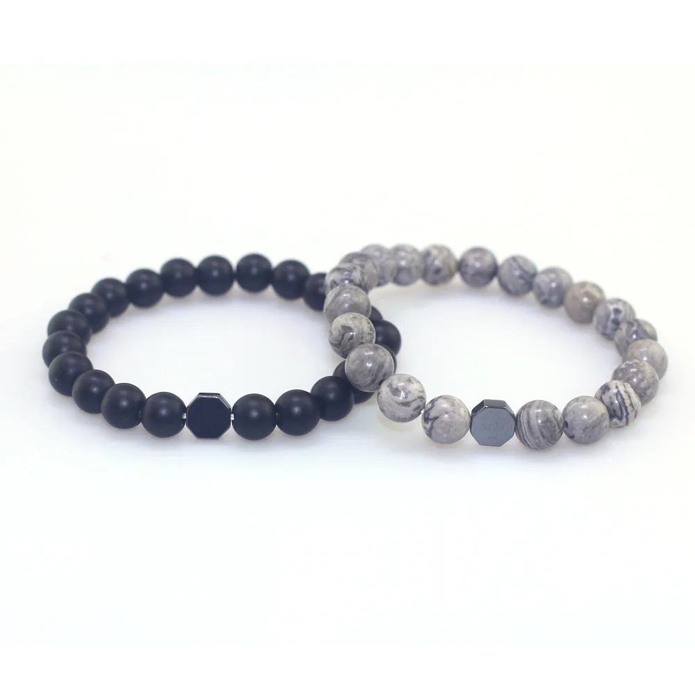 

Men's Fashion Simple Natural Stone Beaded Bracelet Frosted Map Stone Combination Octagonal Black Gallstone Cool Handmade