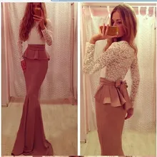 Heißer 2016 Meerjungfrau Hoher Kragen Langen Ärmeln Champagner Spitze Bogen Lange Prom Kleider Abendkleid Abendkleider Party Kleid