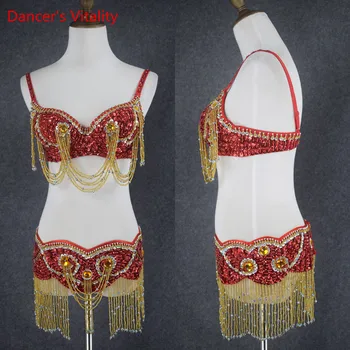 

2018 Fashion Sequin Beaded Women Belly Dance Competiton Costume Bra +Belt 2Pcs Set For Ladys' Stage Performance Clothing