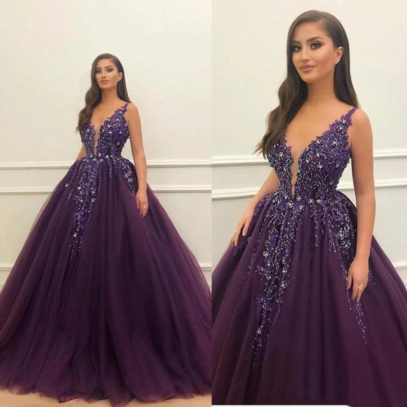

Grape V Neck A Line Prom Dresses with Appliques Beads Long Evening Dresses Girls Special Occasion Quinceanera Party Dress