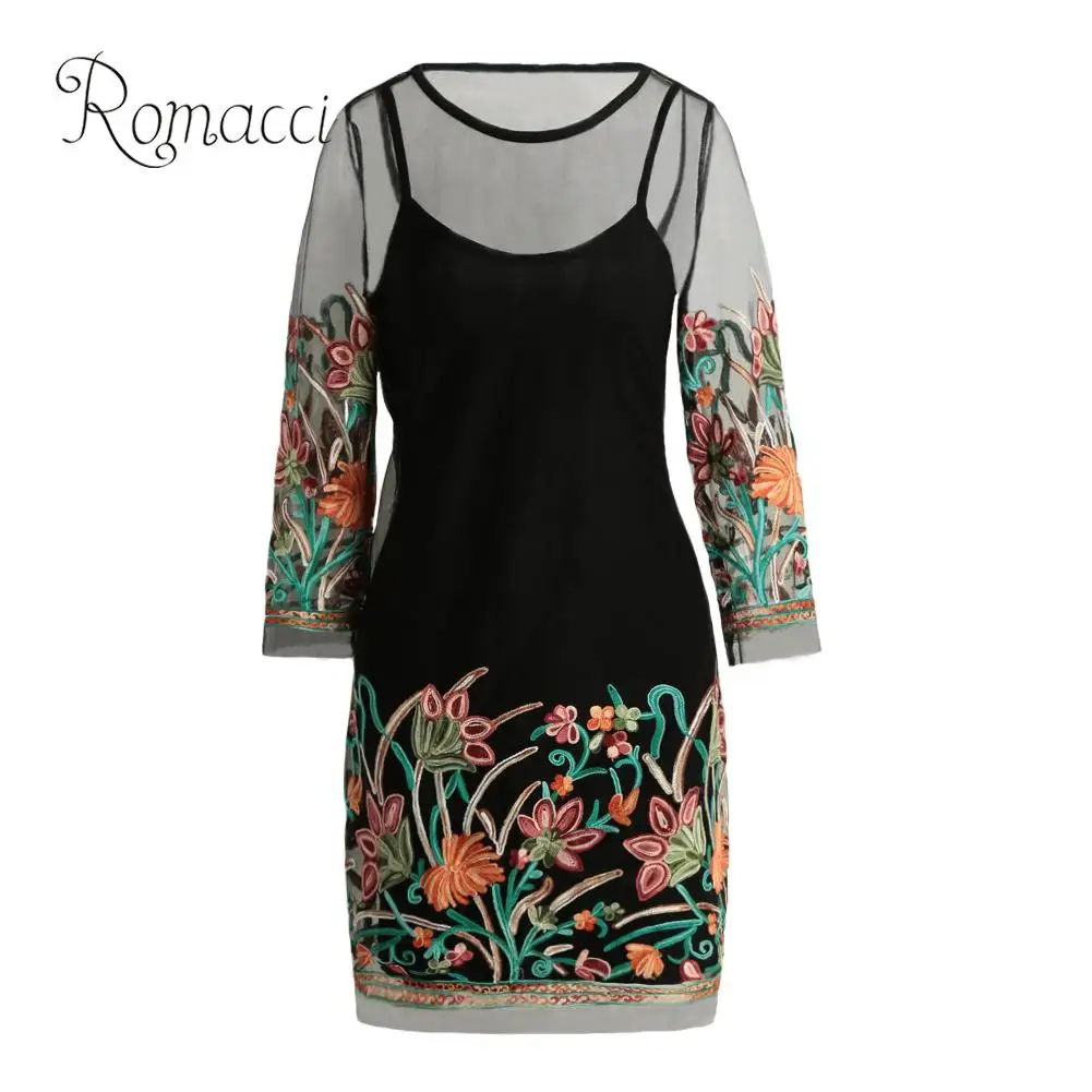 

Romacci Women Sexy Sheer Mesh Dress Flower Embroidery Spaghetti Strap Two Piece Dress XXXL 4XL 5XL Plus Size Summer Mini Dress