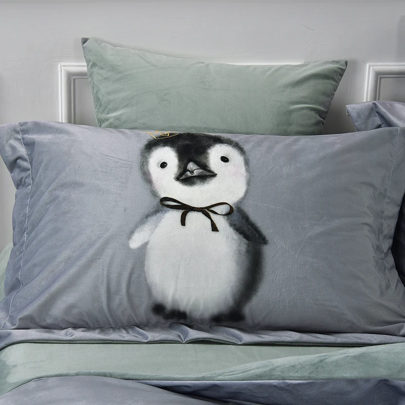 Милые Пингвины постельные принадлежности серый постельный комплект Двойной Твин queen king размер флисовая ткань пододеяльник простыня комплект наволочка