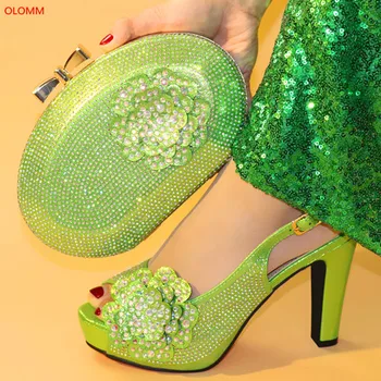 

OLOMM Green Color African Shoes and Matching Bags Italian Ladies Italian Shoes and Bag Set Decorated with Rhinestone Niger N1-12