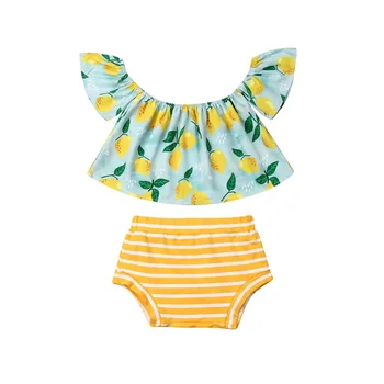 

2019 Toddler Kids Baby Girl Clothes Set Summer Lemon Off Shoulder Short Sleeve Shirt Tops Striped Shorts Outfit Clothing 2PCS
