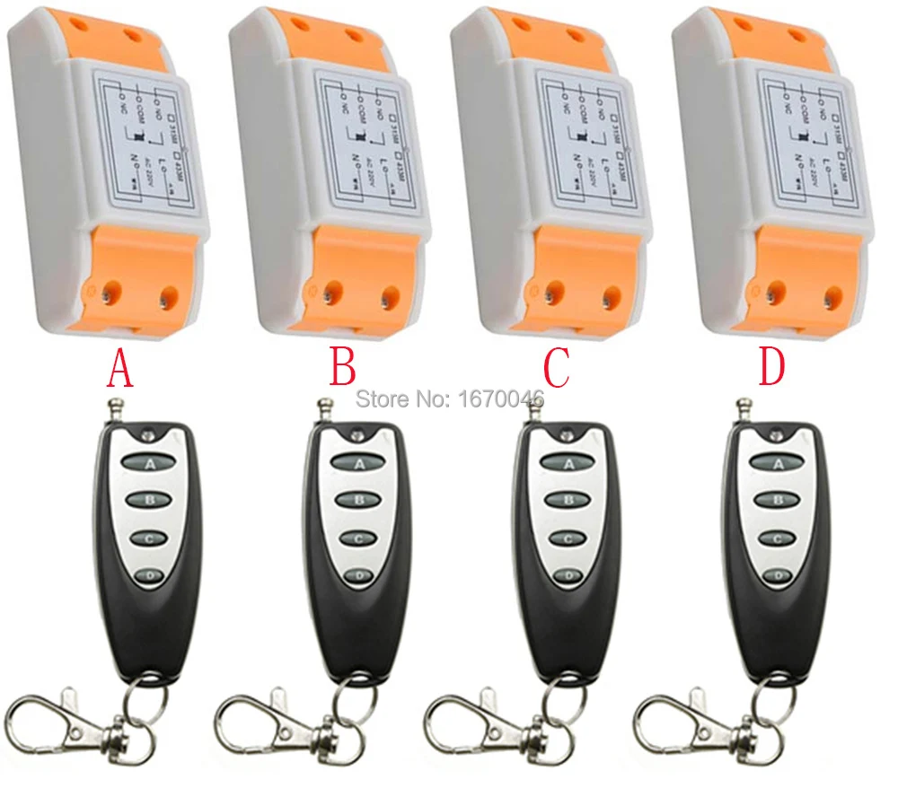 

New RF Wireless Remote Controller Relay Switch System AC220V 1CH 4pcs Receiver& 4pcs Transmitter Toggle Momentary