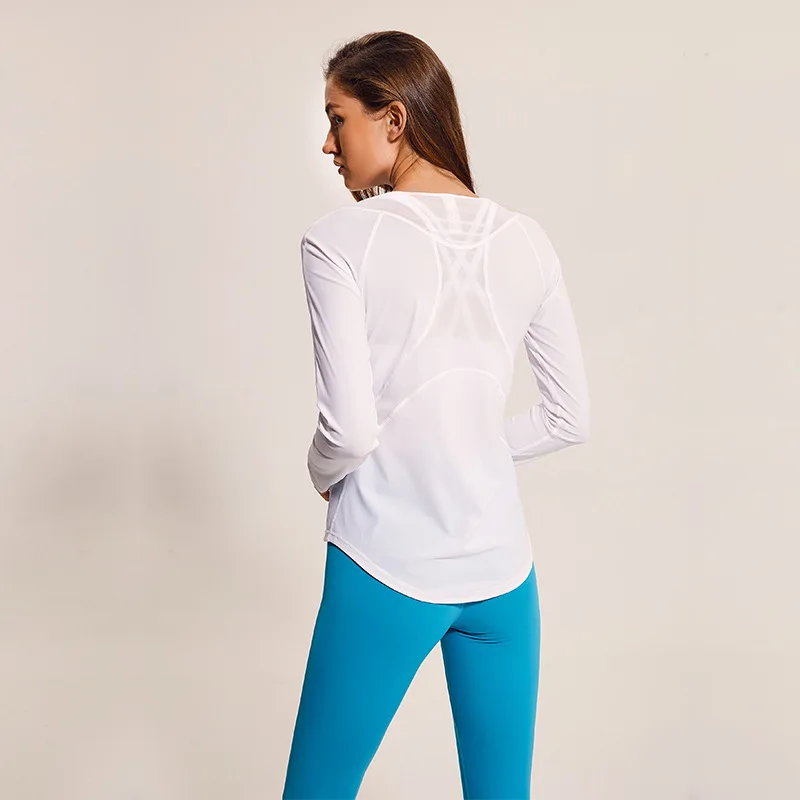 Женская Спортивная футболка с длинным рукавом, прохладная, сухая, для бега, для спортзала, топы, сетчатая панель, для занятий спортом, йогой, рубашки, мягкая, легкая, для фитнеса, блузка - Цвет: Белый
