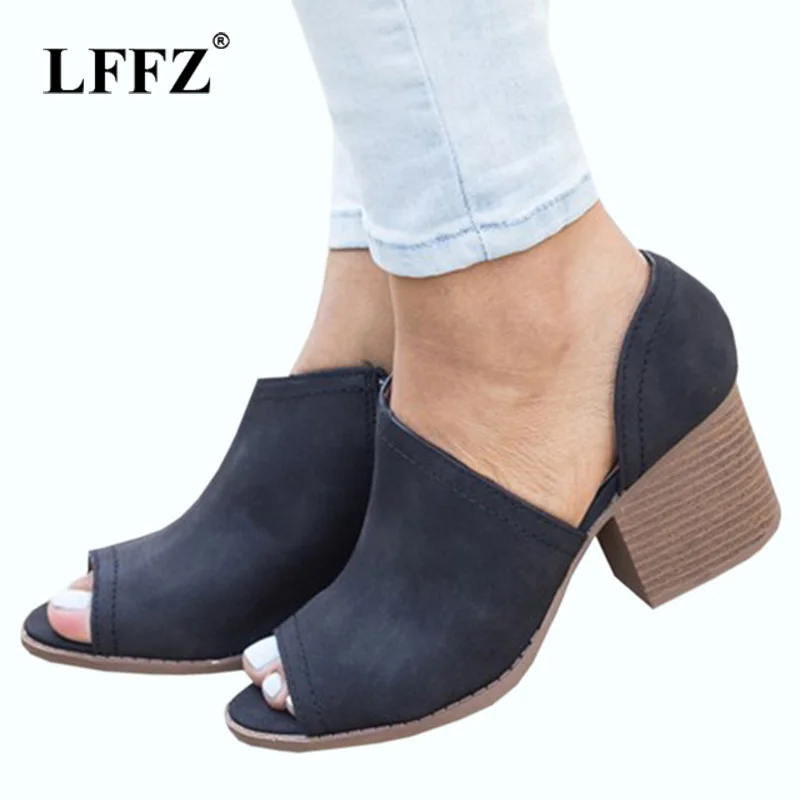 

Lzzf Summer Chunky High Heels Ladies Shoes Woman Peep Toe Pumps Sandals Women Shoes Party PU Leather Zapatos Mujer Big Plus Size