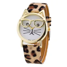 Бренд часы Женева Кожаный браслет Для женщин Дамы Часы Очки Cat циферблат наручные часы 100 шт./лот