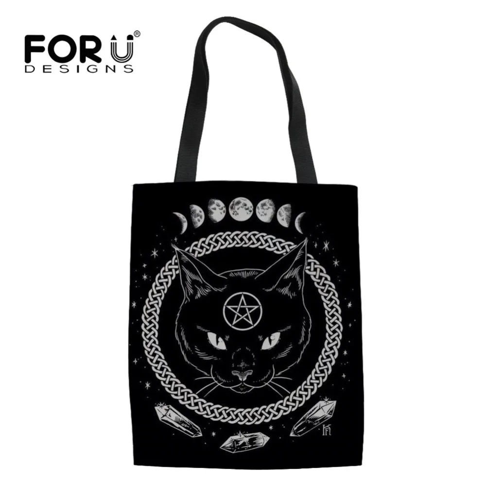 

FORUDESIGNS Women Linen Shopping Bag Gothic Moon Phase Witching Black Cat for Female Shopper Tote Bag Recycle Bag Girls Book Bag
