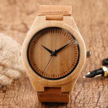 

Classical Bamboo Wood Hand-made Design Quartz Wristwatch Scale literal Simple Brown Leather Band Buckle Men Ladies Clock Gift