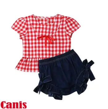 

Emmababy Toddler Infant Baby Girl Casual Plaid Tops Denim Shorts Outfits Set Clothes 0-3T 2019 New Hot High Quality Sets
