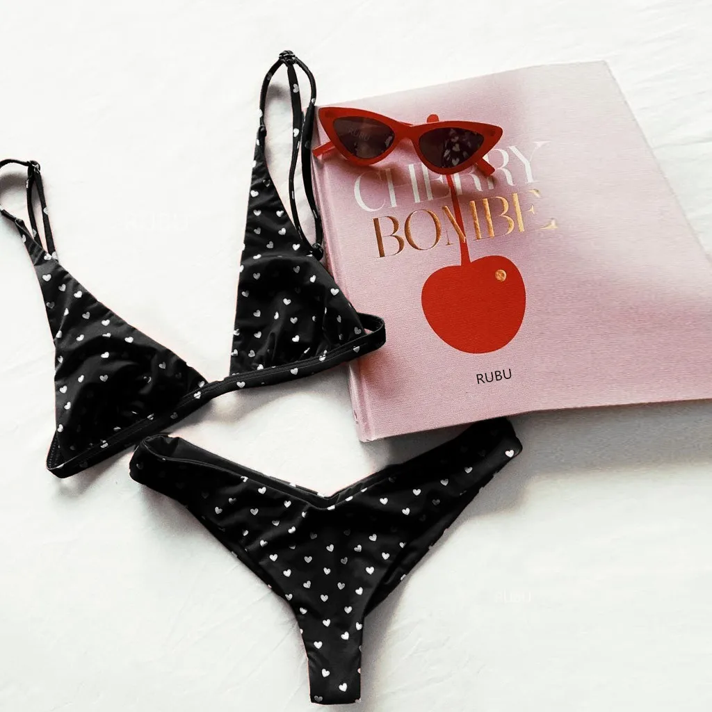 

Triangle cup dot print bikini Women swimsuit Love Printing Set Push-Up Padded Bra Beach Bikini Set Beachwear Swimwear Biquini