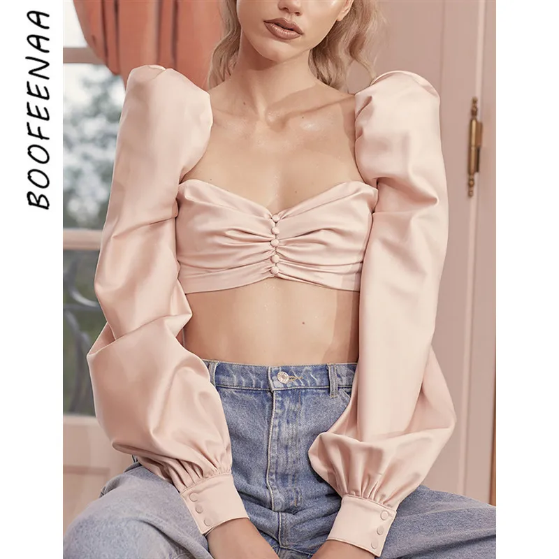 

BOOFEENAA Fall 2019 Trend Vintage Womens Tops and Blouses Pink Button Ruched Puff Sleeve Square Neck Shirts Crop Top C55-I93