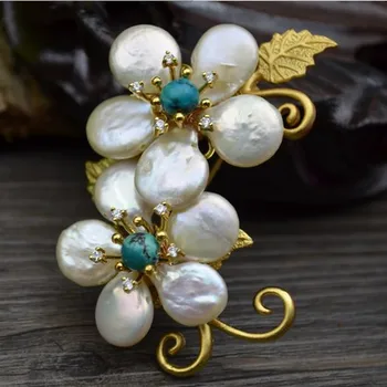 

925 pure silver natural shaped pearls double flowers elegant brooch pendant