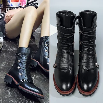 

new brand design genuine leather martin boots shoes woman lace-up casual punk rivets runway boots black shoes female ankle boots