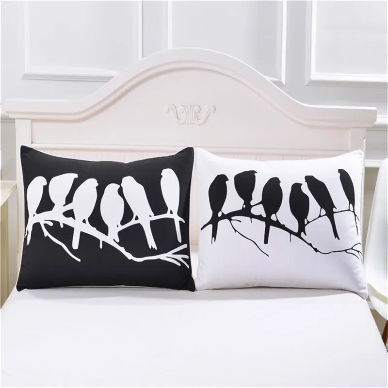 

2pcs White Black Bird Printed Pillow Case Cover Soft Double Couple Home Bedroom Decorative Pillowcase Bedclothes Wedding Gift