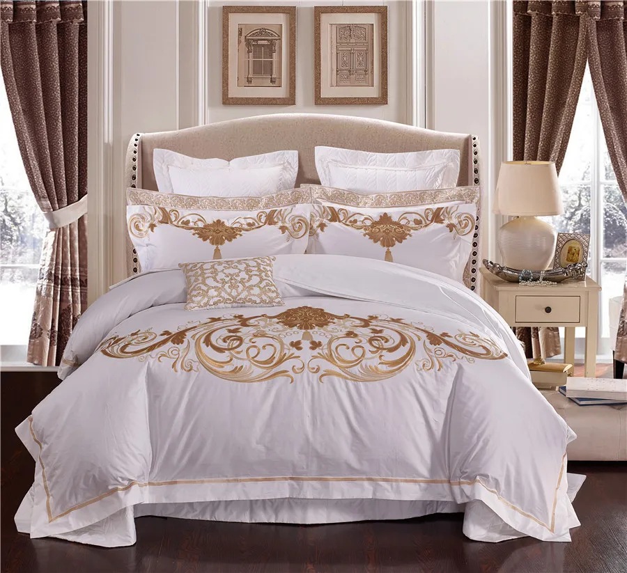 Waliicorners Luxury 100S Egyptian Cotton Queen King size Royal Bedding Sets Oriental Embroidery White Hotel Bed sheet Duvet cover set Pillow 8 CF119845