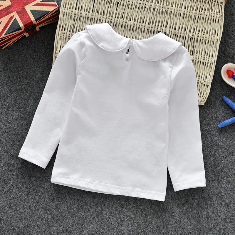 Весна, новая Корейская хлопковая футболка с длинными рукавами и вышивкой для девочек, Милая футболка с кукольным воротником, топы для детей 0-6 лет