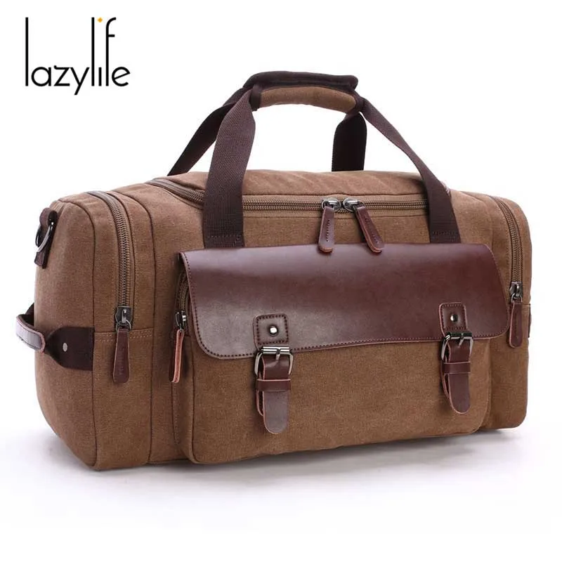 

LAZYLIFE Canvas Leather Men Travel Bags Hand Luggage Bags Men Duffel Bags Travel Tote Hide The Shoulder Strap Handbags School