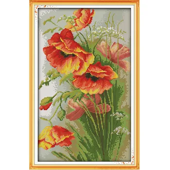 

Needlework DIY Cross Stitch Set Embroidery Kit Poppy Flowers Pattern Counted Cross-Stitching Wall Home Decor 14CT 35 * 52cm