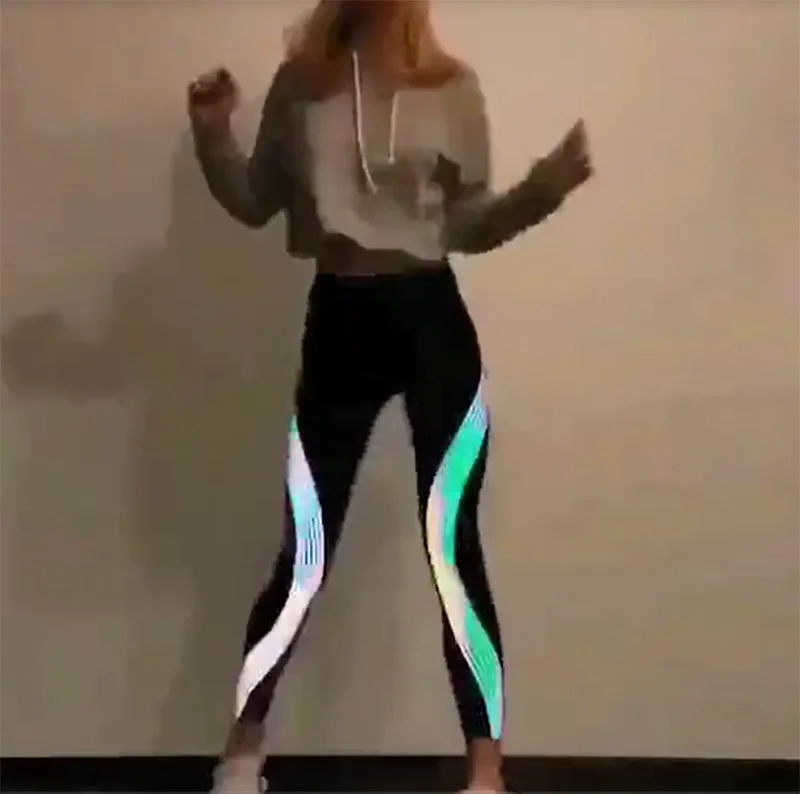 

Softu Reflective Leggings Glow in the Dark Night Light Stripes Laser Fitness Pants Sportswear Tracksuit Women Female