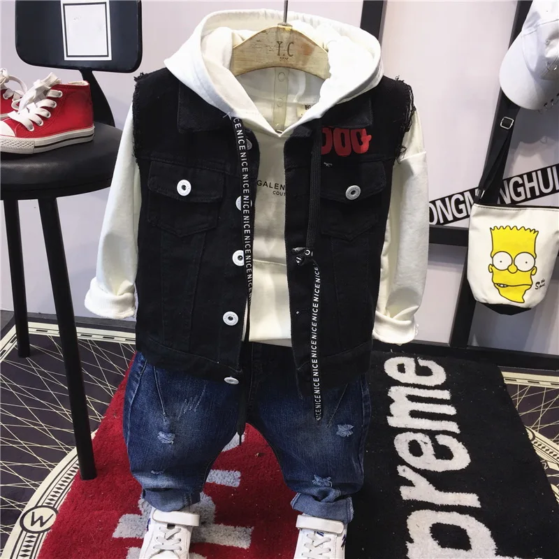 

3 PCS Suits Kids Boys Clothes Sets Cotton Child Denim vest + hoodie + jeans Spring Autumn Children Boys Sets Children Clothing