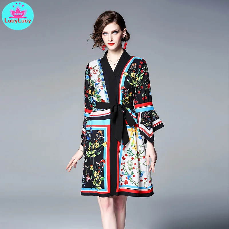 

European station women's 2019 retro fashion V-neck sleeves loose lace print dress Knee-Length Full Print