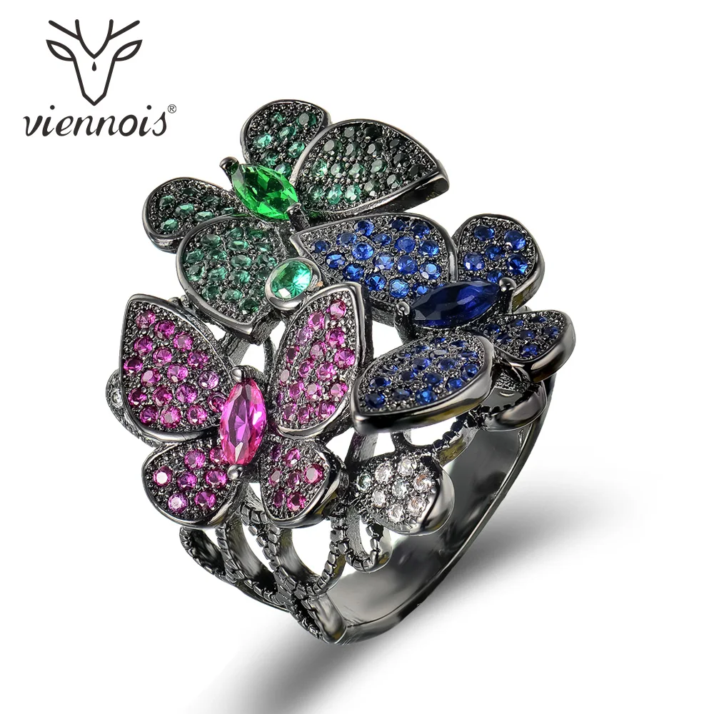 

Viennois Vintage Silver Color Copper Size Ring For Women Colorful Butterfly Zircon Paved Female Finger Ring Party Jewelry