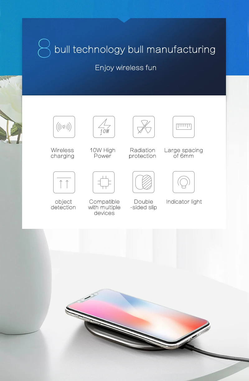 Быка Qi Беспроводной Зарядное устройство 7,5 Вт для IPhone X 8/8 Plus 10 Вт Совместимость samsung S9 S8 S7 S6 сертификацией Qi зарядного устройства, 5 Вт для всех