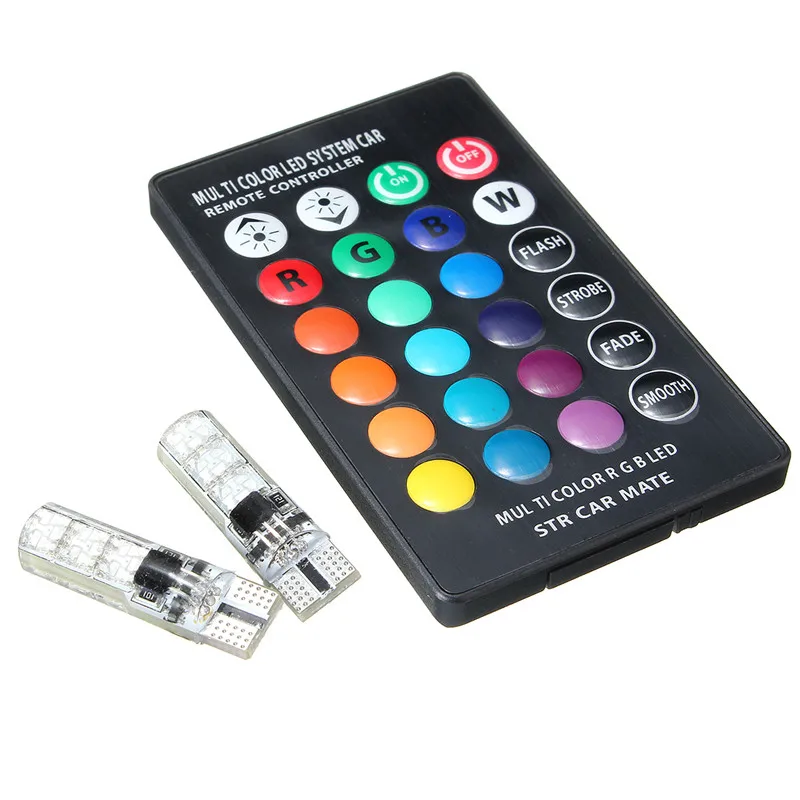 

2pcs T10 W5W LED Light Car LED Bulb RGB With Remote Controller 194 168 Strobe Led Lamp Auto Demo Wedge Side Lights 5050SMD 12V