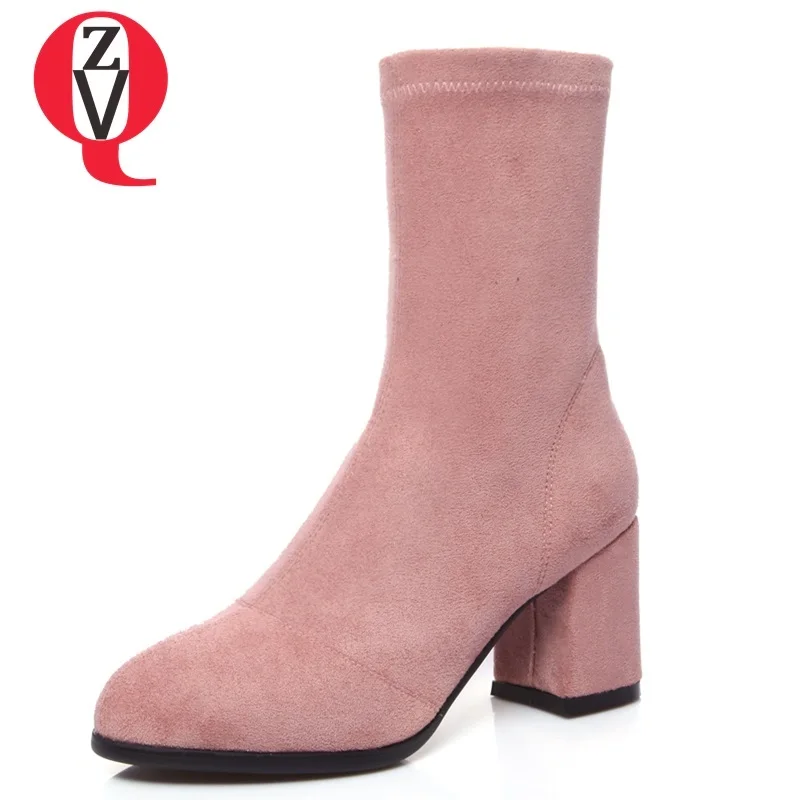 

ZVQ 2018 newest leather velvet side zipper with round head large size mid calf boots heel height 7 cm three colors women shoes