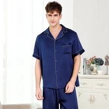 2xl men pajama sets silk 2017 man summer solid color blue red short sleeve full pants pajama set night sleepwears sleep&lounge