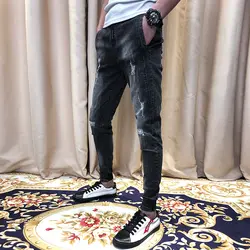 Мода 2018 джинсы мужские корейские простые Slim Fit повседневные рваные мужские джинсы Уличная Хип-хоп джинсовые шаровары Мужская одежда 36-28