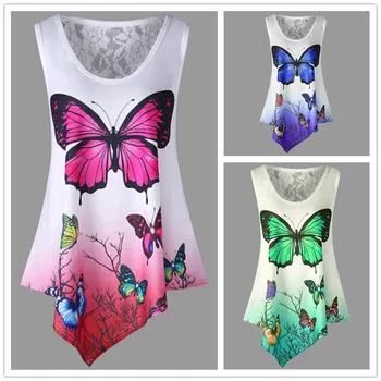 

S-5XL Plus Size Women T Shirt Top 2019 New Summer Casual Lace Patchwork Irregular Print Butterfly T Shirt Womens Tank Sexy Tops