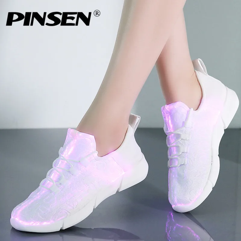 

PINSEN 2019 Fashion Glowing Sneakers Women Summer Mesh Breathable Lace-up LED Shoes Woman Flats Luminous Shoes USB Charger