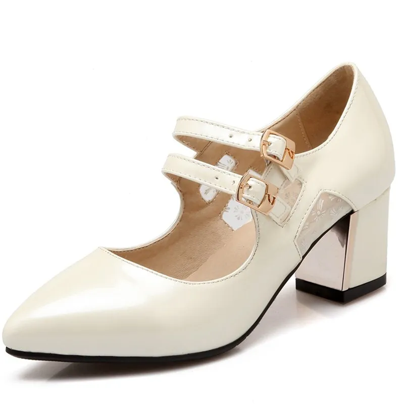 

size 34-43 Spring/Autumn Fashion Mary Janes shoes high-heeled pointed toe hasp Square heels Patent pu Leather shoes female