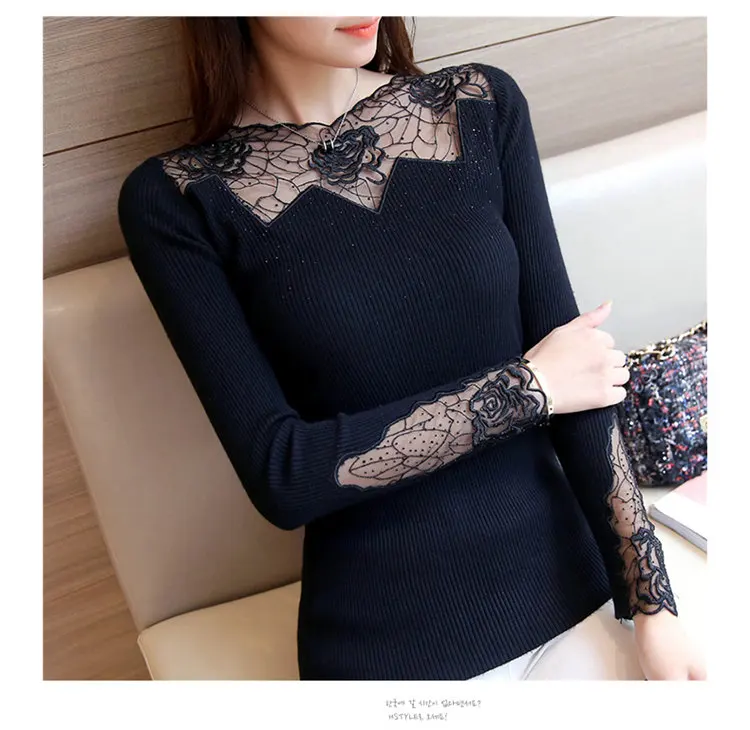 All-match Fashion Women Sweaters Knitted Long Sleeve Sweaters And Pullovers Rose Lace Patchwork Jersey Mujer Invierno 2019  (8)