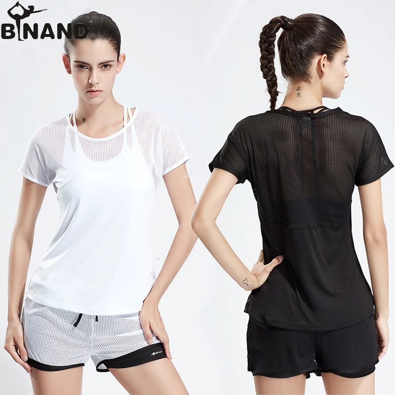 

BINAND Sports Suit Women Mesh Patchwork Round Collar Soft Yoga T-shirt+Drawstring Wasitband Running Gym Fitness Workout Shorts