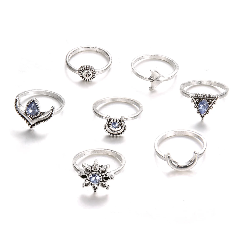 5 PCS/Set Bohemia Sun Moon Lotus Crown Rings Sets Flower Mermaid RhineStone Antique Silver Knuckle Rings for Women Jewelry